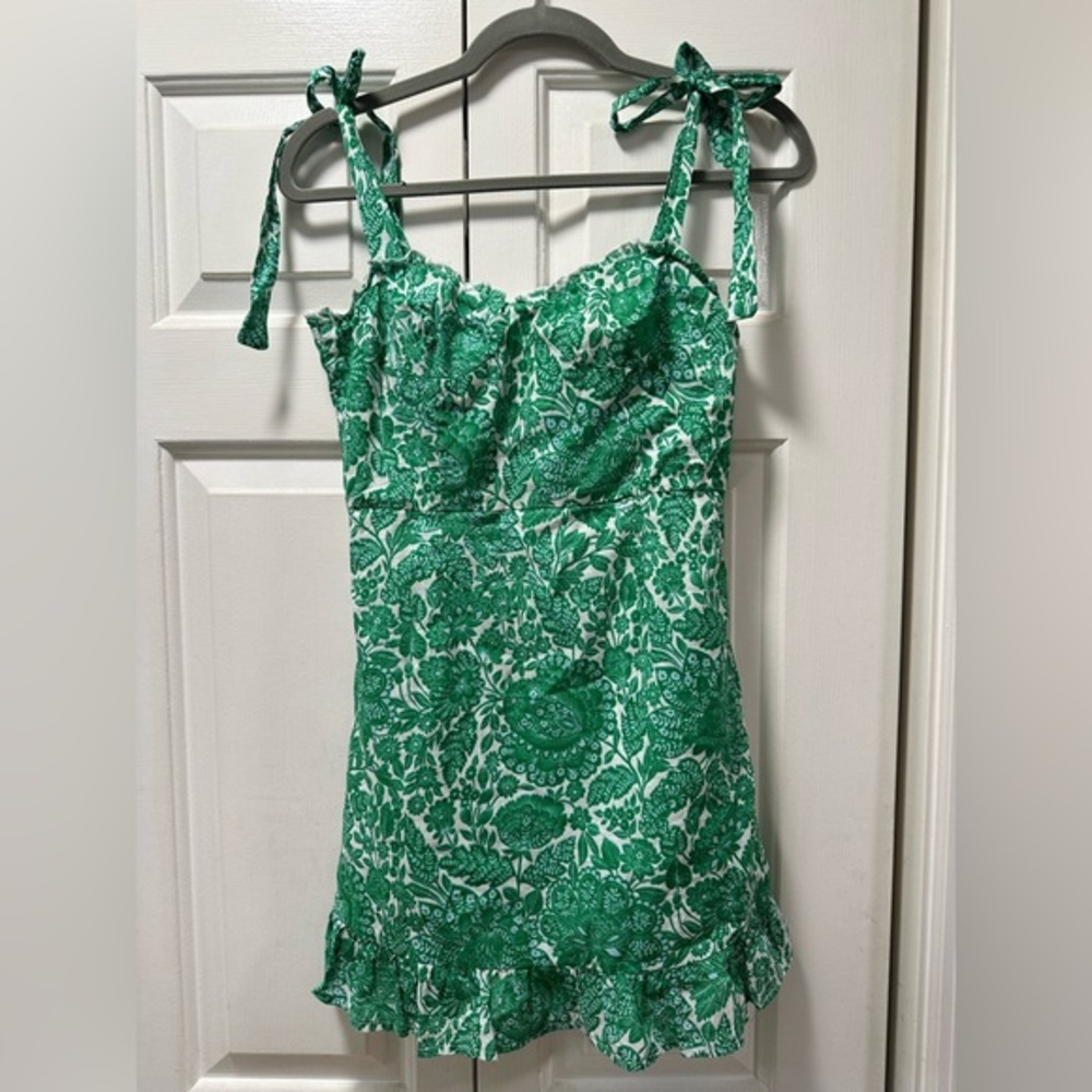 OLIVACEOUS SMOCKED TIE STRAP RUFFLE BOTTOM MINI DRESS - Size Small